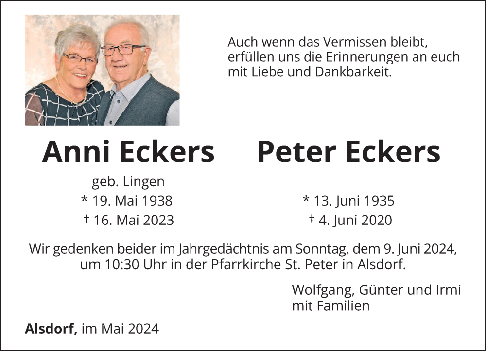  Traueranzeige für Anni und Peter Eckers vom 29.05.2024 aus trierischer_volksfreund