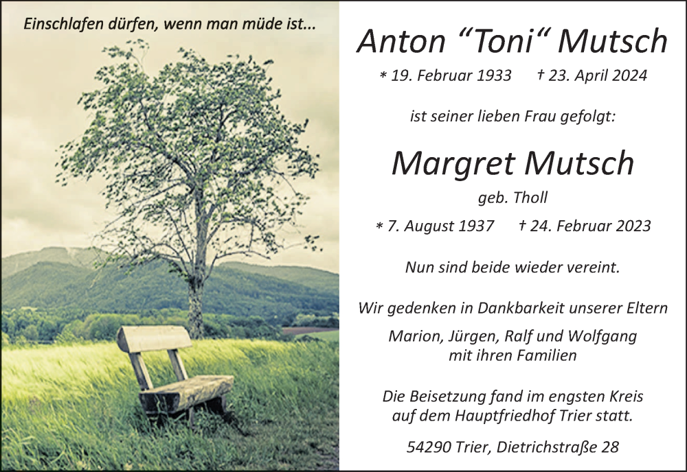  Traueranzeige für Anton und Margret Mutsch vom 18.05.2024 aus trierischer_volksfreund