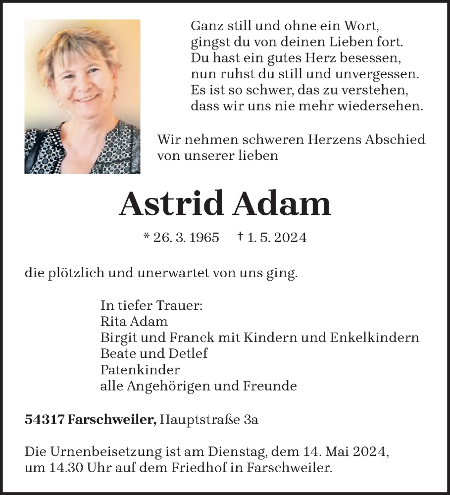  Traueranzeige für Astrid Adam vom 10.05.2024 aus trierischer_volksfreund