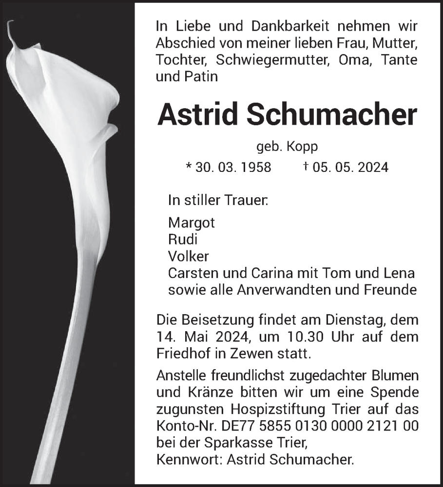  Traueranzeige für Astrid Schumacher vom 10.05.2024 aus trierischer_volksfreund