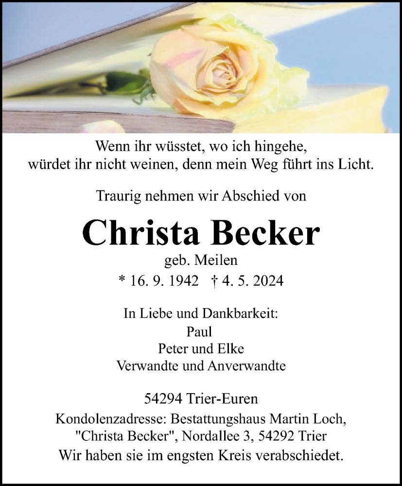  Traueranzeige für Christa Becker vom 18.05.2024 aus trierischer_volksfreund