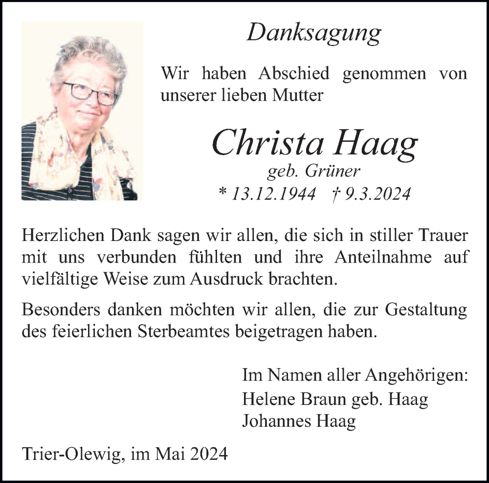  Traueranzeige für Christa Haag vom 11.05.2024 aus trierischer_volksfreund