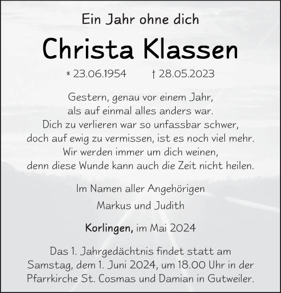 Traueranzeige von Christa Klassen von trierischer_volksfreund