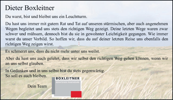 Traueranzeige von Dieter Boxleitner von trierischer_volksfreund