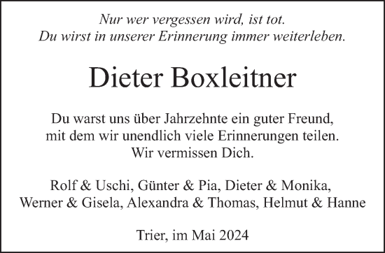 Traueranzeige von Dieter Boxleitner von trierischer_volksfreund