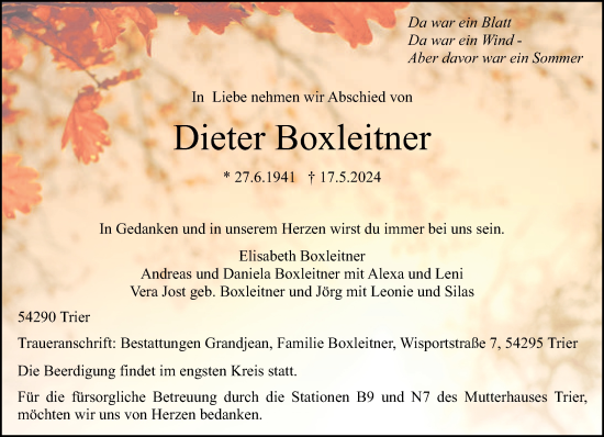 Traueranzeige von Dieter Boxleitner von trierischer_volksfreund