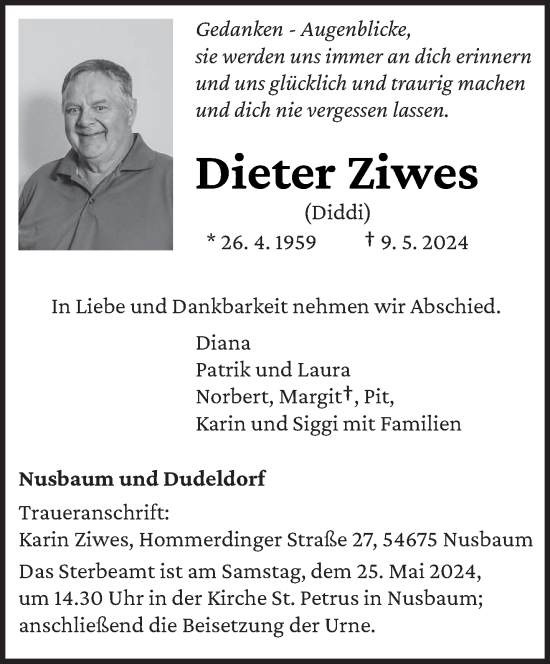 Traueranzeige von Dieter Ziwes von trierischer_volksfreund