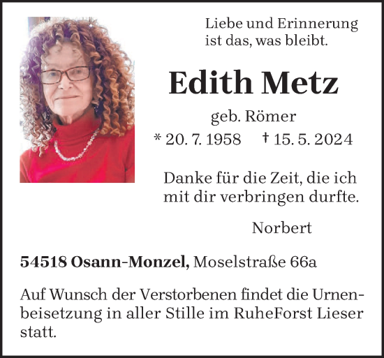 Traueranzeige von Edith Metz von trierischer_volksfreund