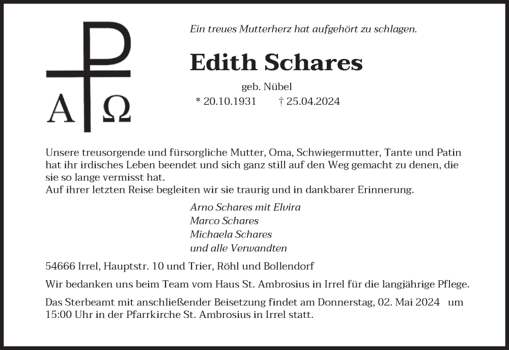  Traueranzeige für Edith Schares vom 30.04.2024 aus trierischer_volksfreund