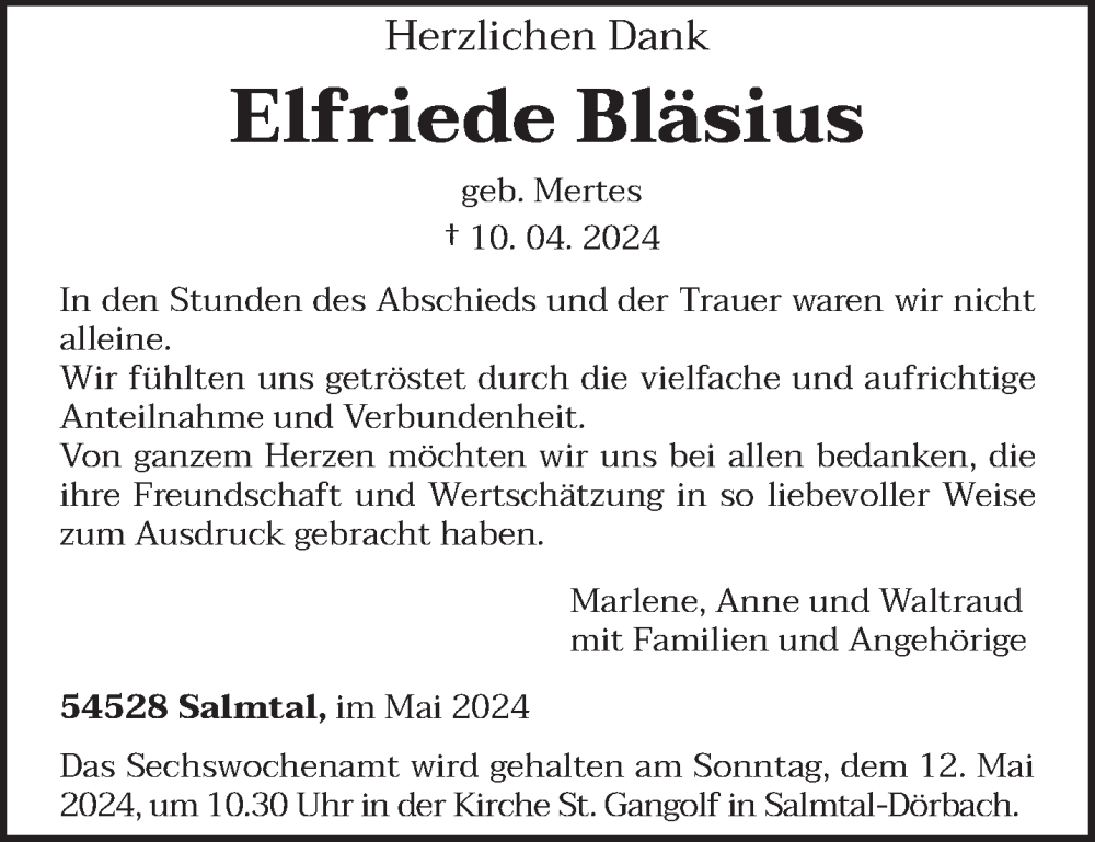  Traueranzeige für Elfriede Bläsius vom 04.05.2024 aus trierischer_volksfreund