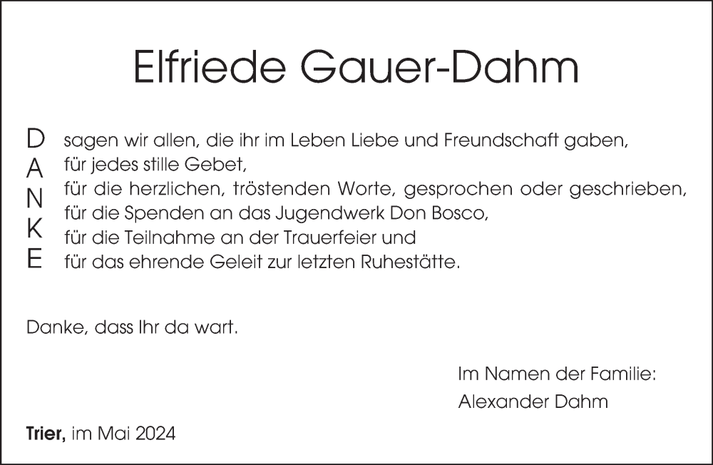  Traueranzeige für Elfriede Gauer-Dahm vom 11.05.2024 aus trierischer_volksfreund
