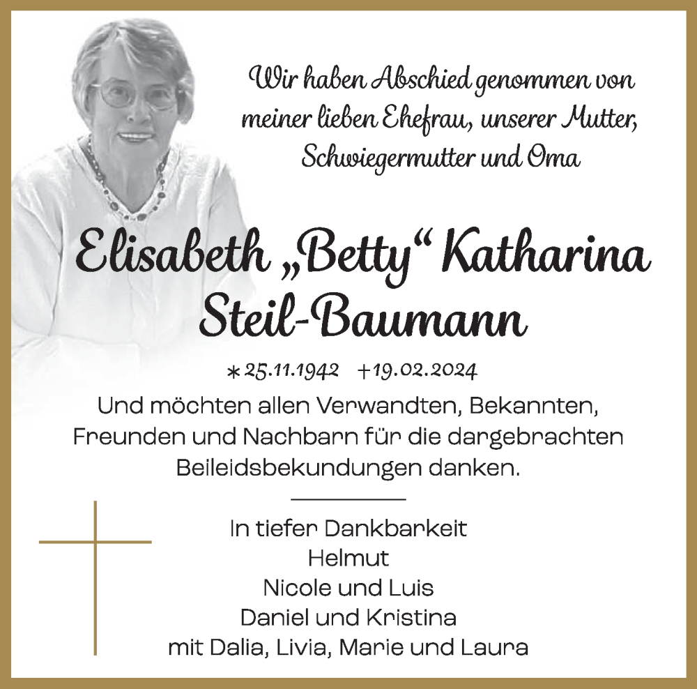  Traueranzeige für Elisabeth Katharina Steil-Baumann vom 04.05.2024 aus trierischer_volksfreund