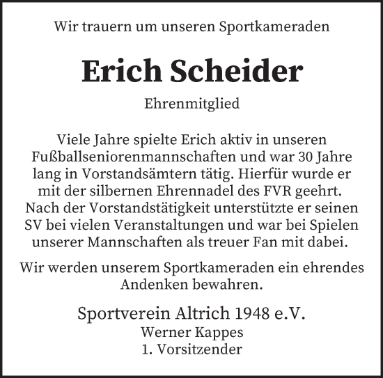 Traueranzeige von Erich Scheider von trierischer_volksfreund