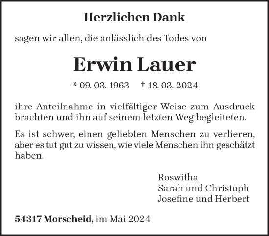 Traueranzeige von Erwin Lauer von trierischer_volksfreund