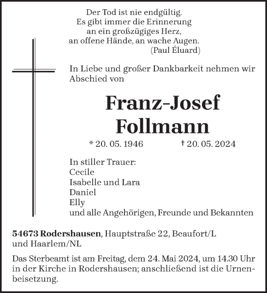Traueranzeige von Franz-Josef Follmann von trierischer_volksfreund