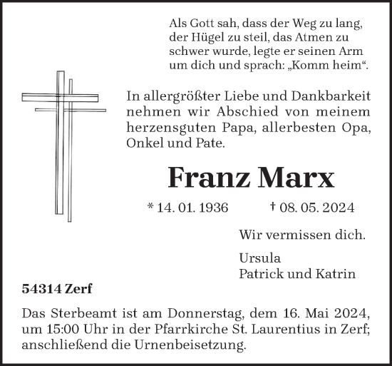 Traueranzeige von Franz Marx von trierischer_volksfreund