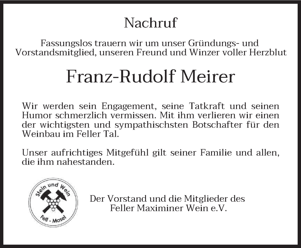  Traueranzeige für Franz-Rudolf Meirer vom 04.05.2024 aus trierischer_volksfreund