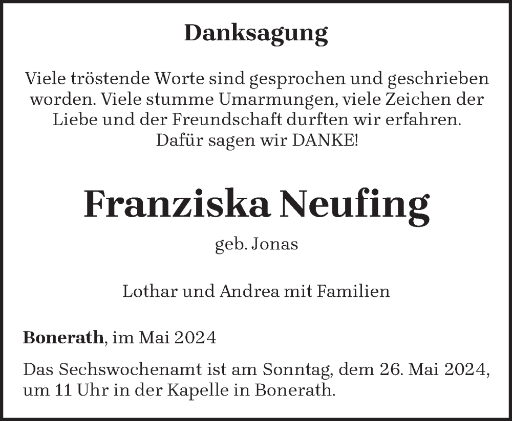  Traueranzeige für Franziska Neufing vom 22.05.2024 aus trierischer_volksfreund