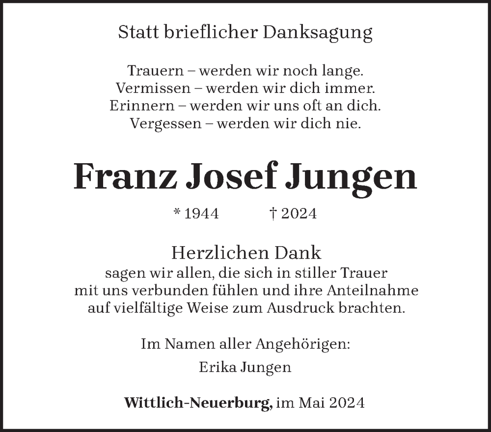  Traueranzeige für Franz Josef Jungen vom 11.05.2024 aus trierischer_volksfreund