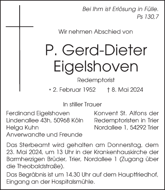 Traueranzeige von Gerd-Dieter Eigelshoven von trierischer_volksfreund