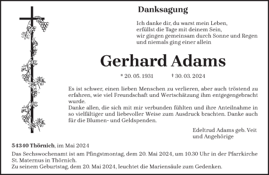Traueranzeige von Gerhard Adams von trierischer_volksfreund