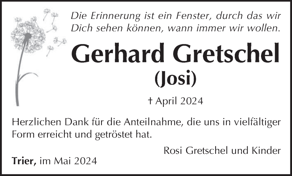  Traueranzeige für Gerhard Gretschel vom 11.05.2024 aus trierischer_volksfreund
