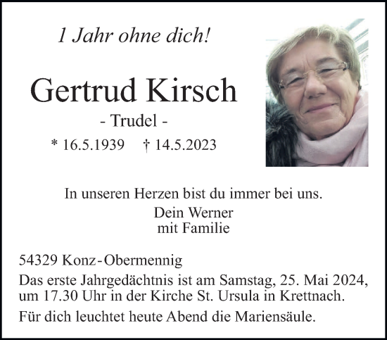 Traueranzeige von Gertrud Kirsch von trierischer_volksfreund