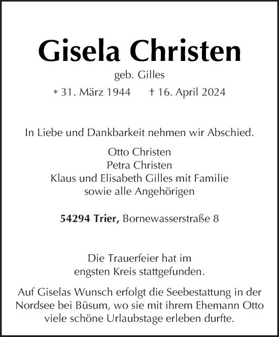 Traueranzeige von Gisela Christen von trierischer_volksfreund