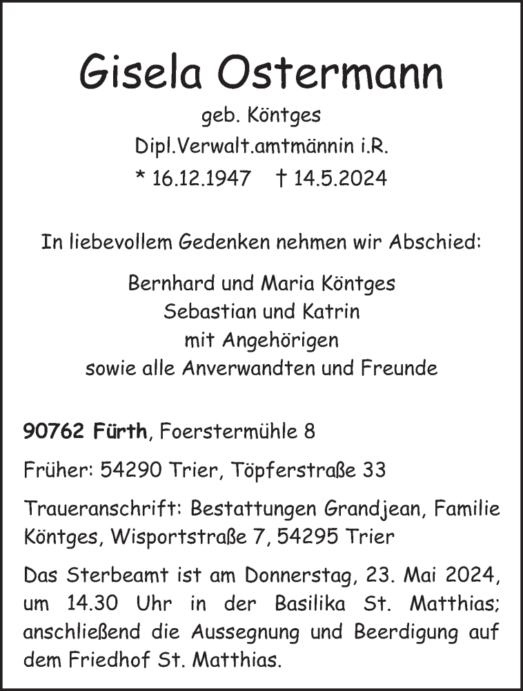  Traueranzeige für Gisela Ostermann vom 18.05.2024 aus trierischer_volksfreund
