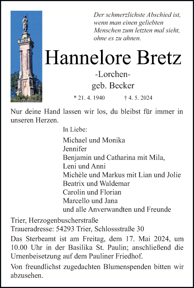  Traueranzeige für Hannelore Bretz vom 11.05.2024 aus trierischer_volksfreund