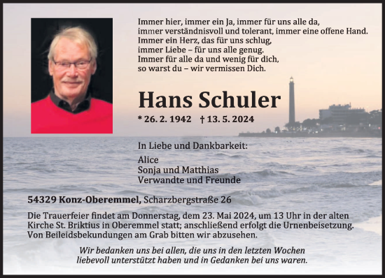 Traueranzeige von Hans Schuler von trierischer_volksfreund