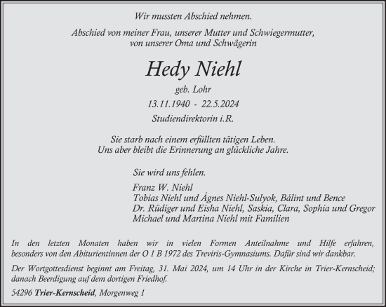 Traueranzeige von Hedy Niehl von trierischer_volksfreund