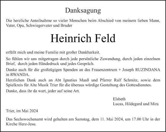 Traueranzeige von Heinrich Feld von trierischer_volksfreund