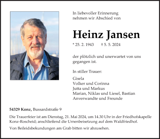 Traueranzeige von Heinz Jansen von trierischer_volksfreund