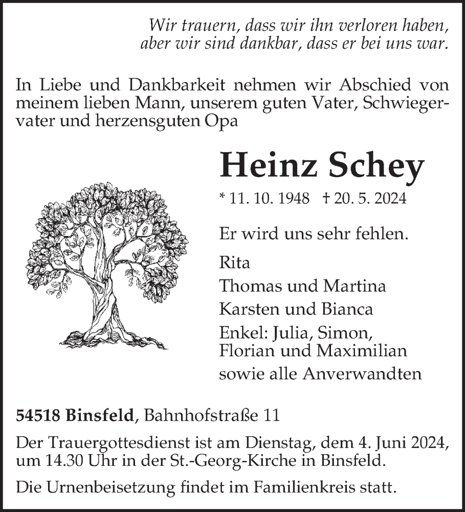  Traueranzeige für Heinz Schey vom 29.05.2024 aus trierischer_volksfreund