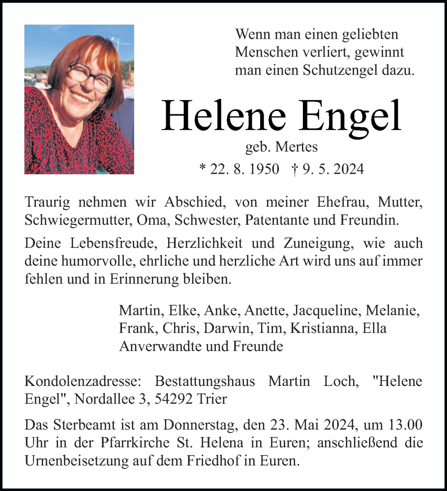  Traueranzeige für Helene Engel vom 18.05.2024 aus trierischer_volksfreund