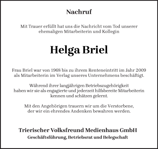 Traueranzeige von Helga Briel von trierischer_volksfreund
