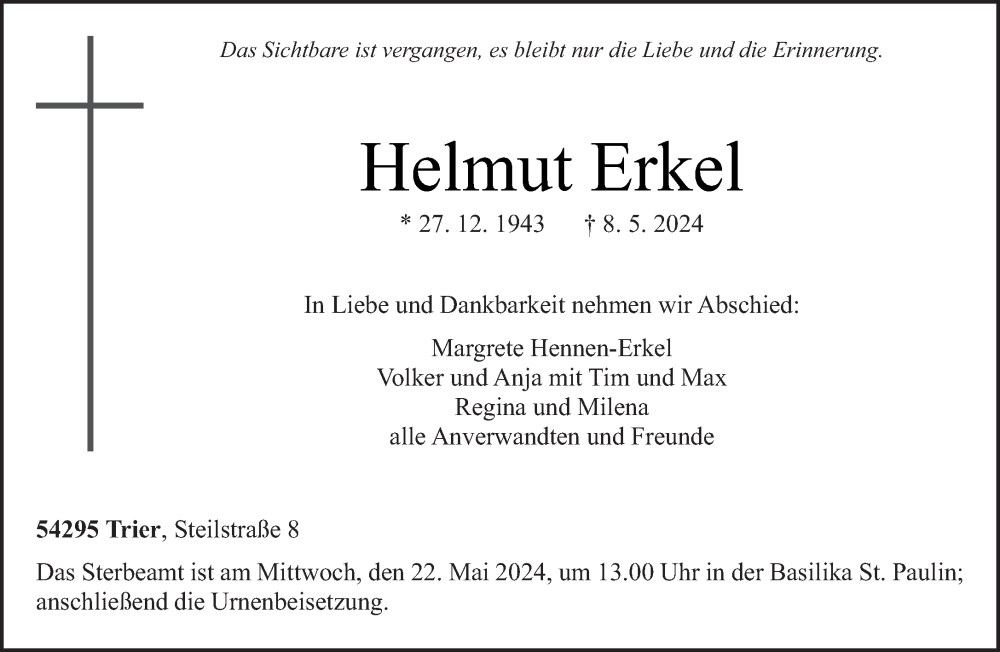  Traueranzeige für Helmut Erkel vom 18.05.2024 aus trierischer_volksfreund
