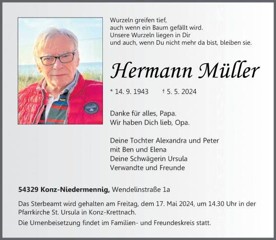 Traueranzeige von Hermann Müller von trierischer_volksfreund