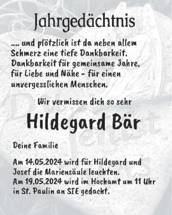 Traueranzeige von Hildegard Bär von trierischer_volksfreund
