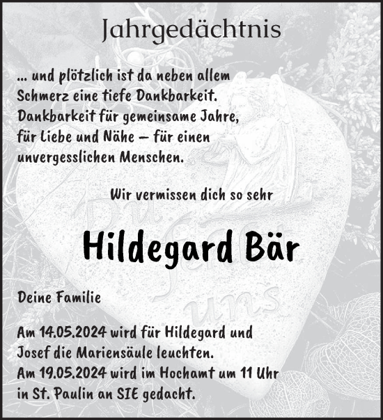 Traueranzeige von Hildegard Bär von trierischer_volksfreund