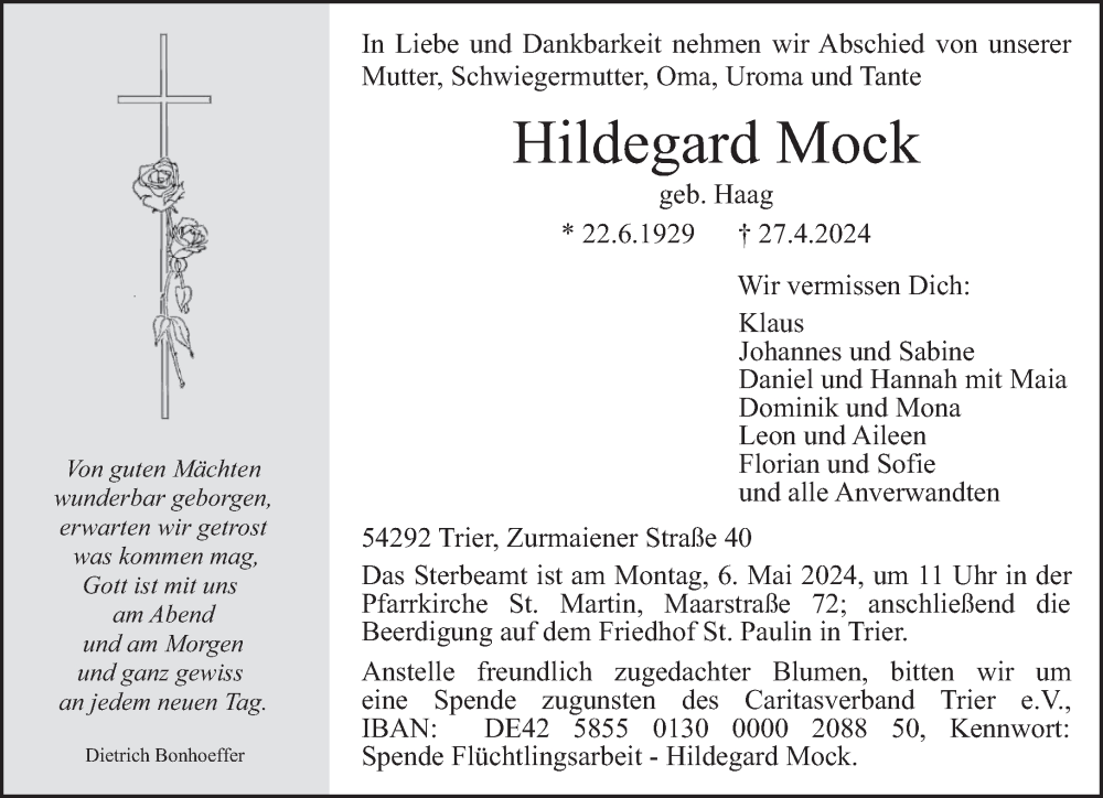  Traueranzeige für Hildegard Mock vom 02.05.2024 aus trierischer_volksfreund