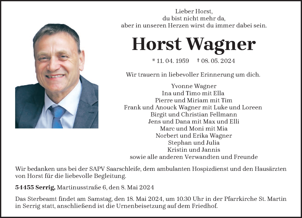  Traueranzeige für Horst Wagner vom 15.05.2024 aus trierischer_volksfreund