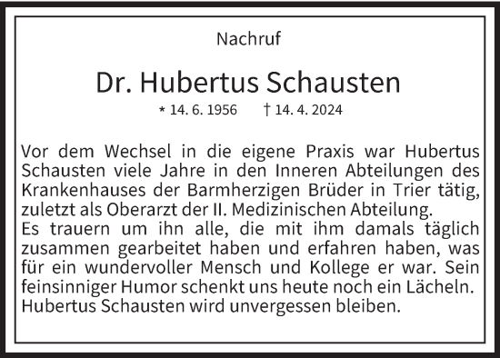 Traueranzeige von Hubertus Schausten von trierischer_volksfreund