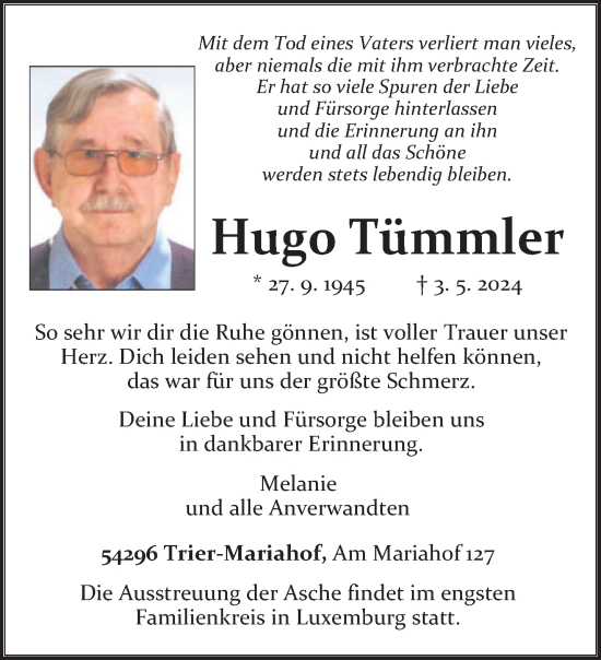 Traueranzeige von Hugo Tümmler von trierischer_volksfreund