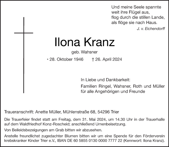 Traueranzeige von Ilona Kranz von trierischer_volksfreund