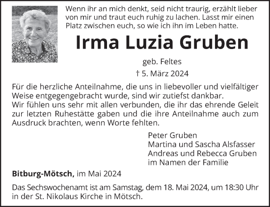Traueranzeige von Irma Luzia Gruben von trierischer_volksfreund