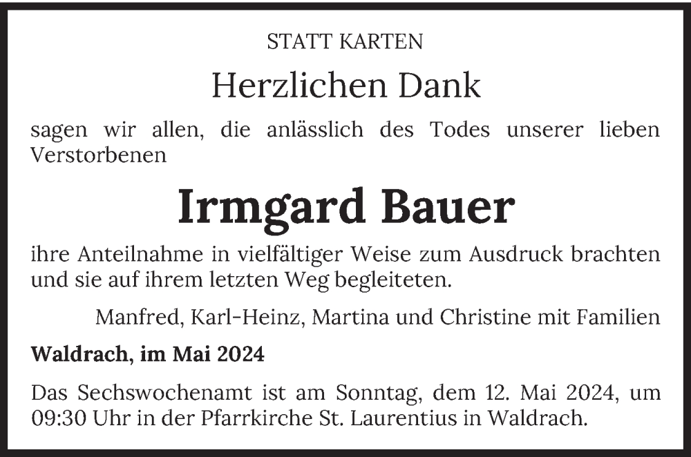  Traueranzeige für Irmgard Bauer vom 04.05.2024 aus trierischer_volksfreund