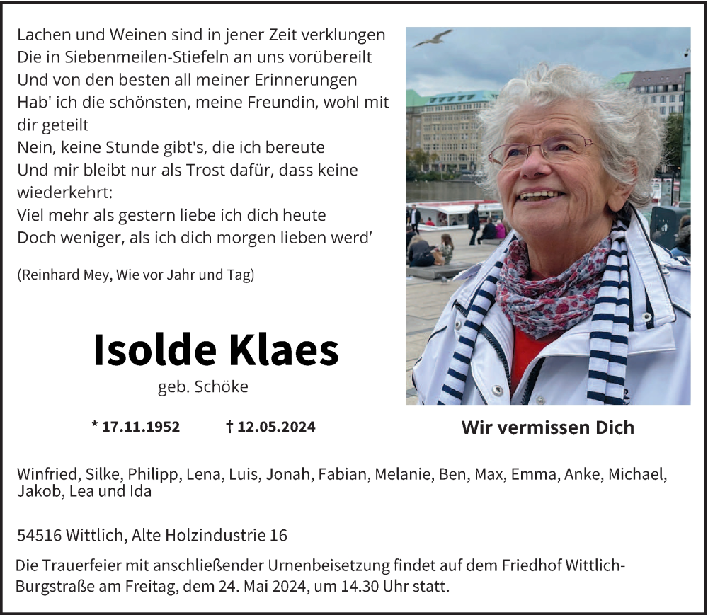  Traueranzeige für Isolde Klaes vom 18.05.2024 aus trierischer_volksfreund