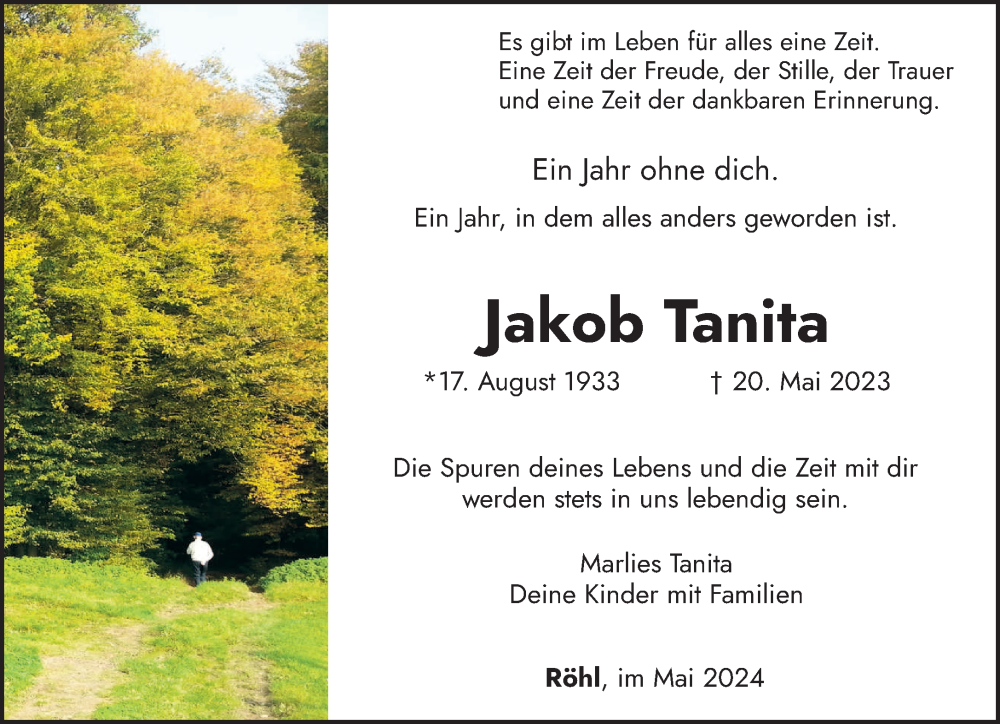  Traueranzeige für Jakob Tanita vom 18.05.2024 aus trierischer_volksfreund